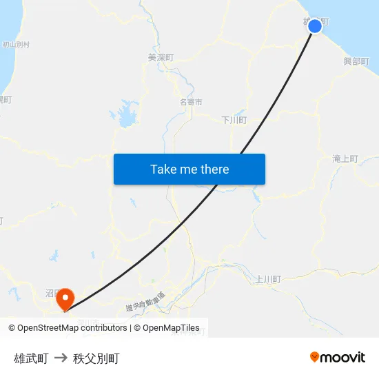 雄武町 to 秩父別町 map