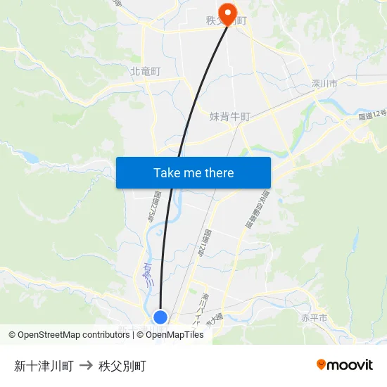 新十津川町 to 秩父別町 map