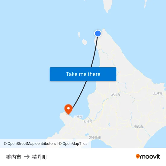稚内市 to 積丹町 map