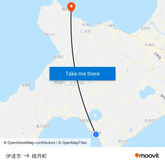 伊達市 to 積丹町 map