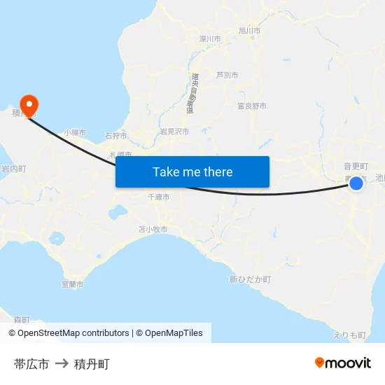 帯広市 to 積丹町 map
