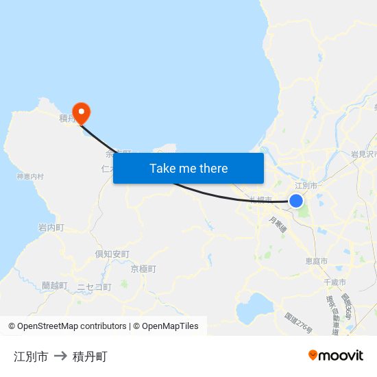 江別市 to 積丹町 map