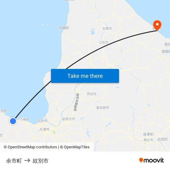 余市町 to 紋別市 map