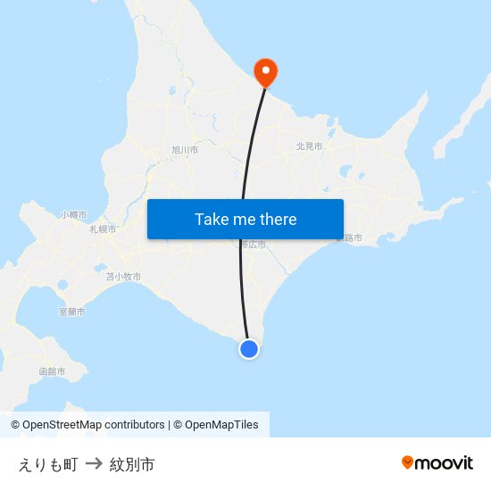 えりも町 to 紋別市 map