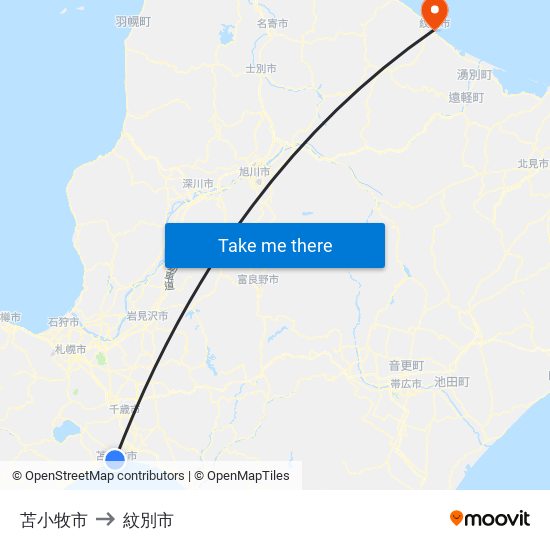 苫小牧市 to 紋別市 map