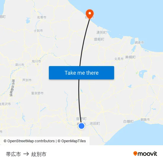 帯広市 to 紋別市 map