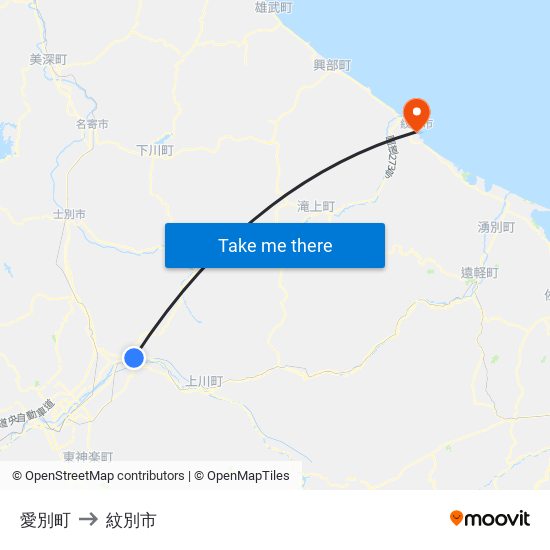 愛別町 to 紋別市 map