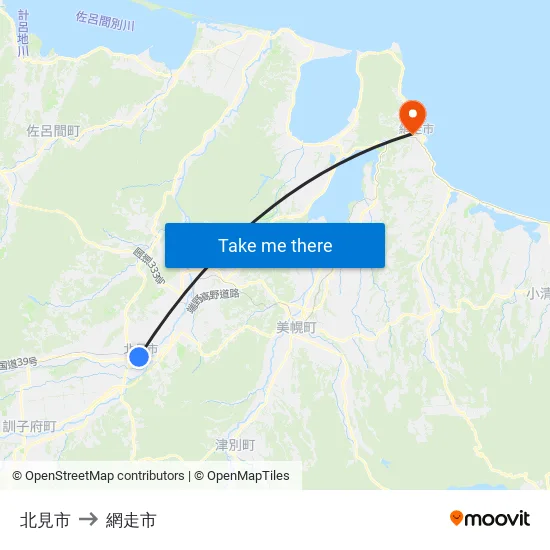 北見市 to 網走市 map