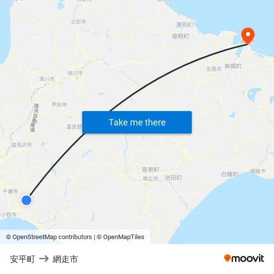 安平町 to 網走市 map