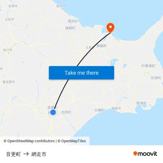 音更町 to 網走市 map