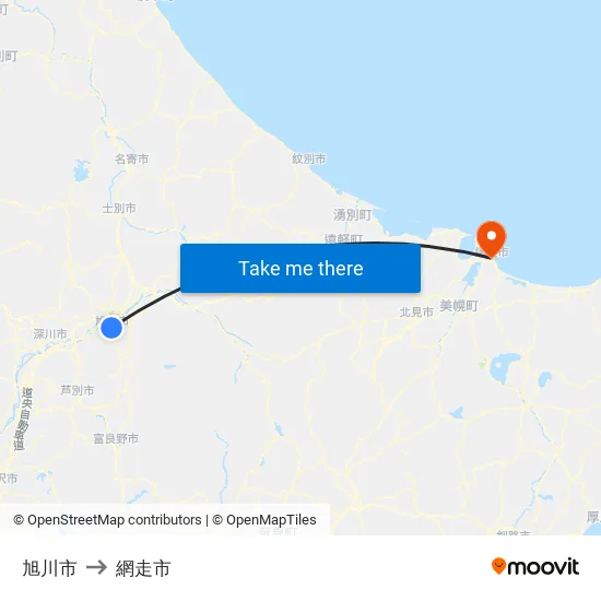 旭川市 to 網走市 map