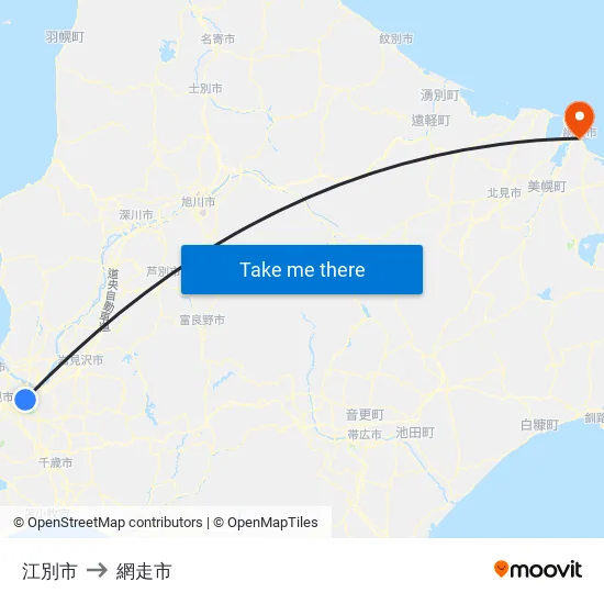 江別市 to 網走市 map