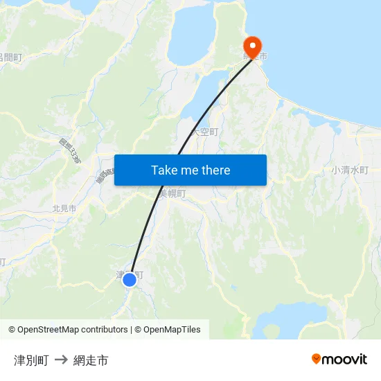 津別町 to 網走市 map