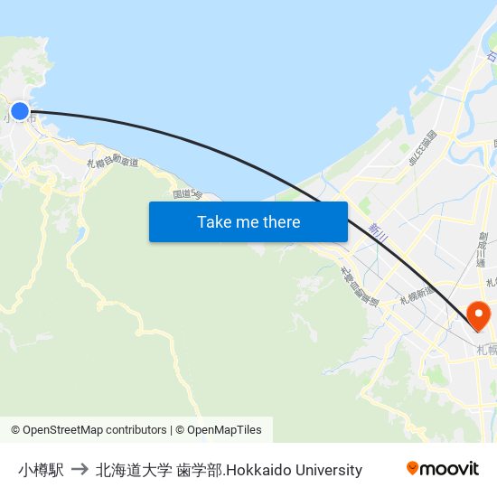 小樽駅 to 北海道大学 歯学部.Hokkaido Universitу map