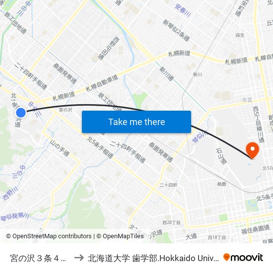 宮の沢３条４丁目 to 北海道大学 歯学部.Hokkaido Universitу map