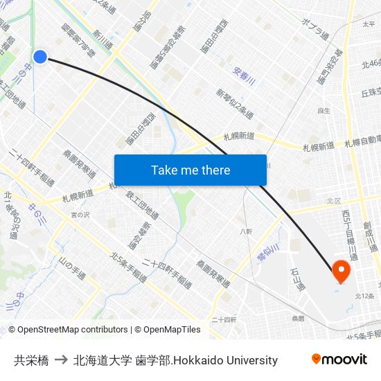 共栄橋 to 北海道大学 歯学部.Hokkaido Universitу map