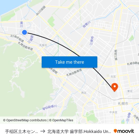 手稲区土木センター to 北海道大学 歯学部.Hokkaido Universitу map