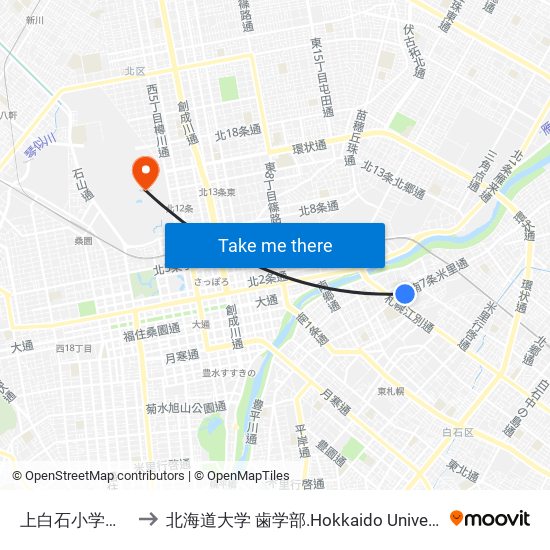 上白石小学校前 to 北海道大学 歯学部.Hokkaido Universitу map