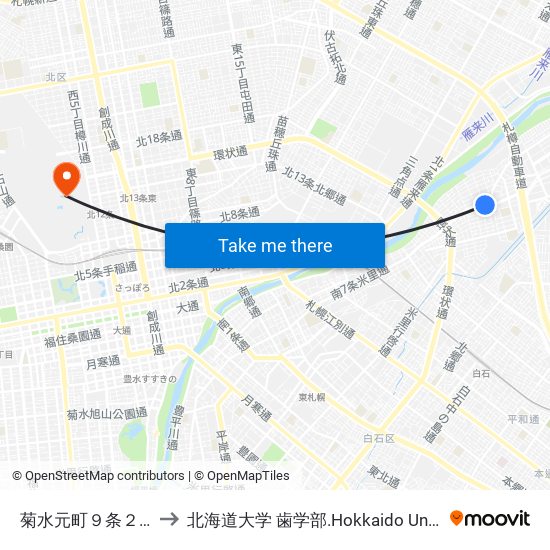 菊水元町９条２丁目 to 北海道大学 歯学部.Hokkaido Universitу map