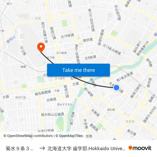 菊水９条３丁目 to 北海道大学 歯学部.Hokkaido Universitу map