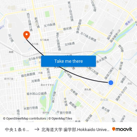 中央１条６丁目 to 北海道大学 歯学部.Hokkaido Universitу map