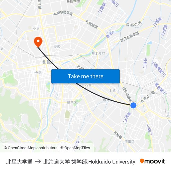 北星大学通 to 北海道大学 歯学部.Hokkaido Universitу map