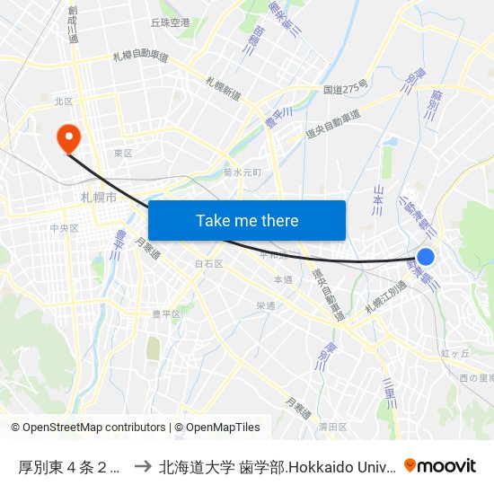 厚別東４条２丁目 to 北海道大学 歯学部.Hokkaido Universitу map