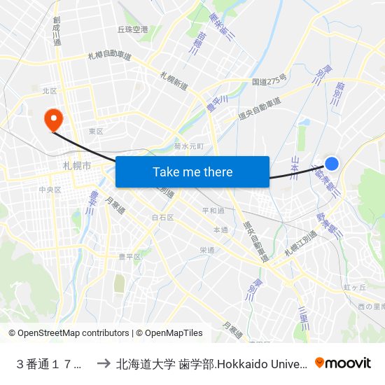 ３番通１７丁目 to 北海道大学 歯学部.Hokkaido Universitу map