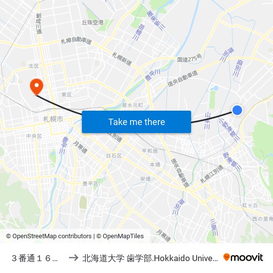 ３番通１６丁目 to 北海道大学 歯学部.Hokkaido Universitу map