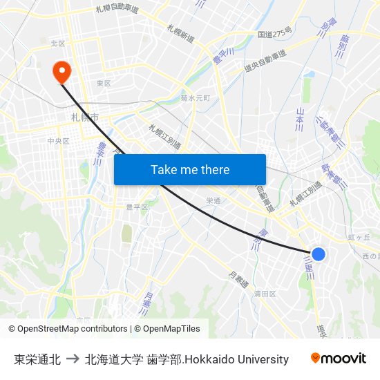 東栄通北 to 北海道大学 歯学部.Hokkaido Universitу map