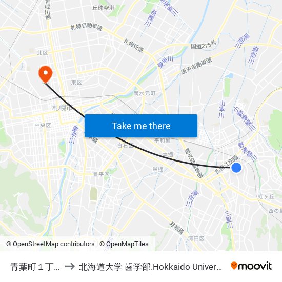 青葉町１丁目 to 北海道大学 歯学部.Hokkaido Universitу map