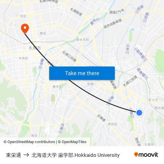 東栄通 to 北海道大学 歯学部.Hokkaido Universitу map