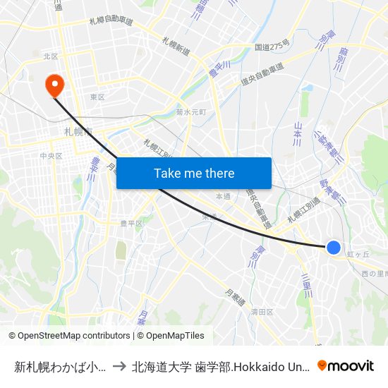 新札幌わかば小学校 to 北海道大学 歯学部.Hokkaido Universitу map