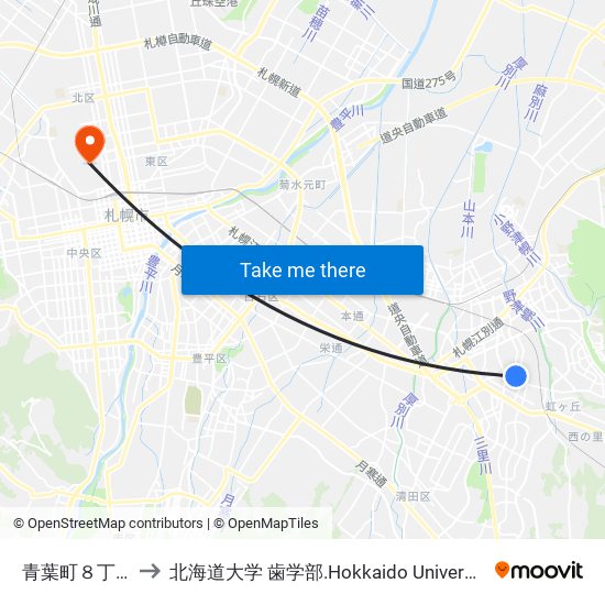 青葉町８丁目 to 北海道大学 歯学部.Hokkaido Universitу map