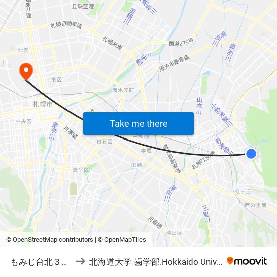 もみじ台北３丁目 to 北海道大学 歯学部.Hokkaido Universitу map