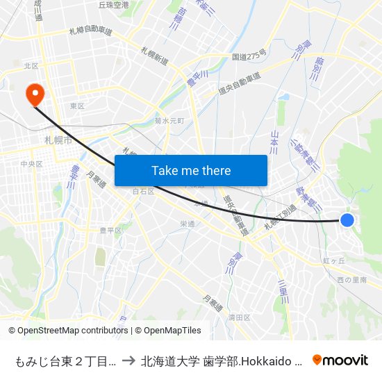 もみじ台東２丁目(緑地) to 北海道大学 歯学部.Hokkaido Universitу map