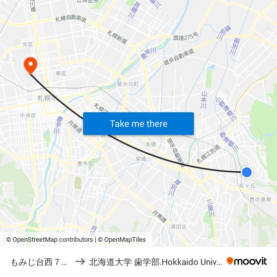 もみじ台西７丁目 to 北海道大学 歯学部.Hokkaido Universitу map