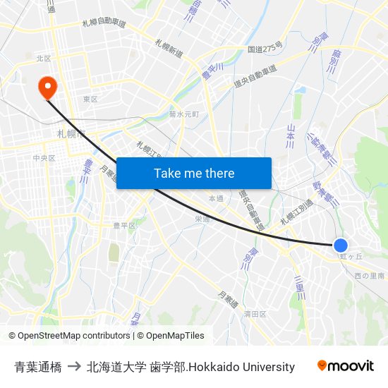 青葉通橋 to 北海道大学 歯学部.Hokkaido Universitу map