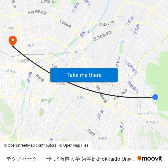 テクノパーク中央 to 北海道大学 歯学部.Hokkaido Universitу map