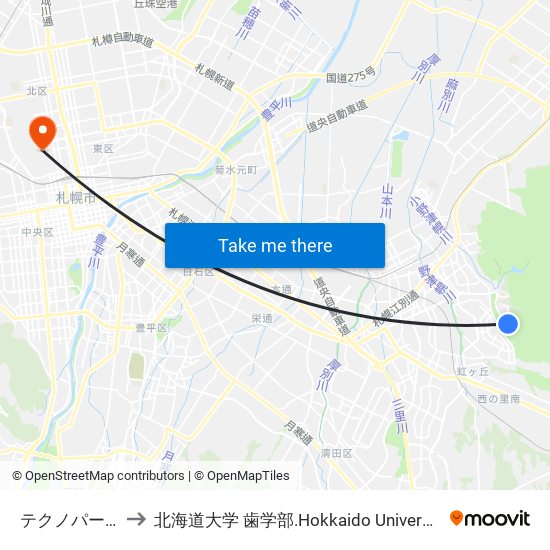 テクノパーク to 北海道大学 歯学部.Hokkaido Universitу map