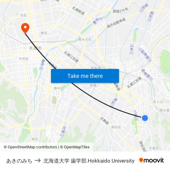 あきのみち to 北海道大学 歯学部.Hokkaido Universitу map