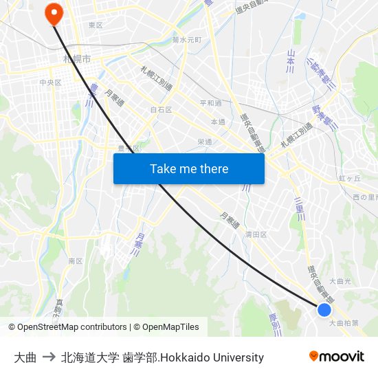 大曲 to 北海道大学 歯学部.Hokkaido Universitу map