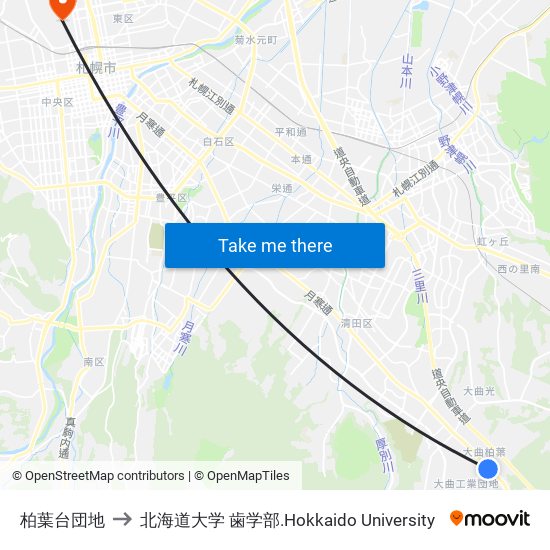 柏葉台団地 to 北海道大学 歯学部.Hokkaido Universitу map