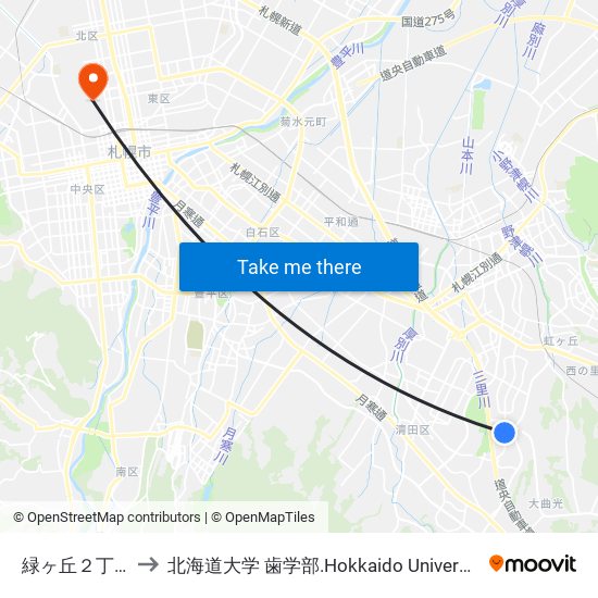 緑ヶ丘２丁目 to 北海道大学 歯学部.Hokkaido Universitу map