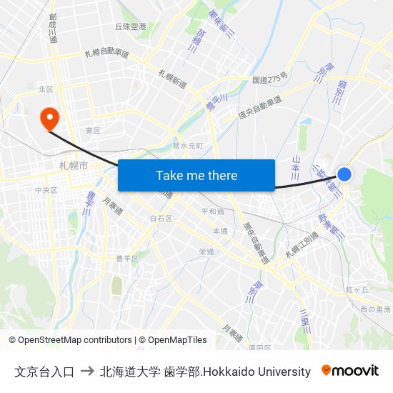 文京台入口 to 北海道大学 歯学部.Hokkaido Universitу map