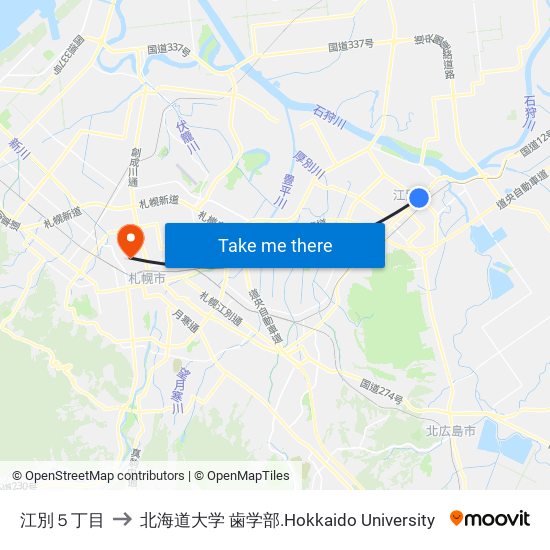 江別５丁目 to 北海道大学 歯学部.Hokkaido Universitу map