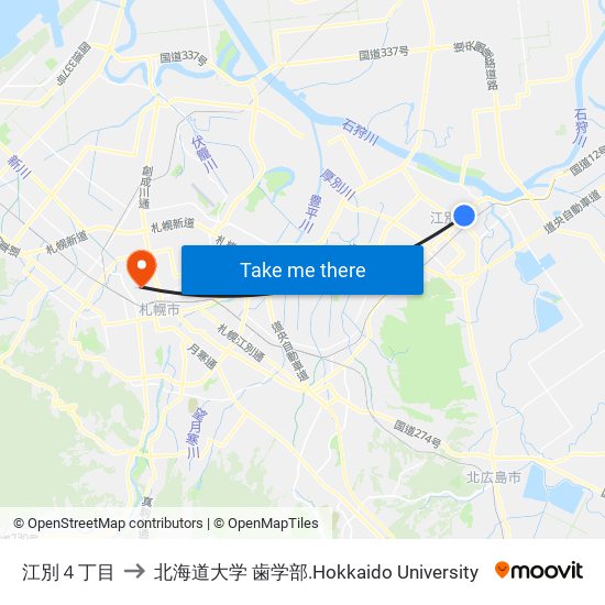 江別４丁目 to 北海道大学 歯学部.Hokkaido Universitу map