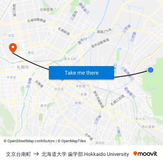 文京台南町 to 北海道大学 歯学部.Hokkaido Universitу map