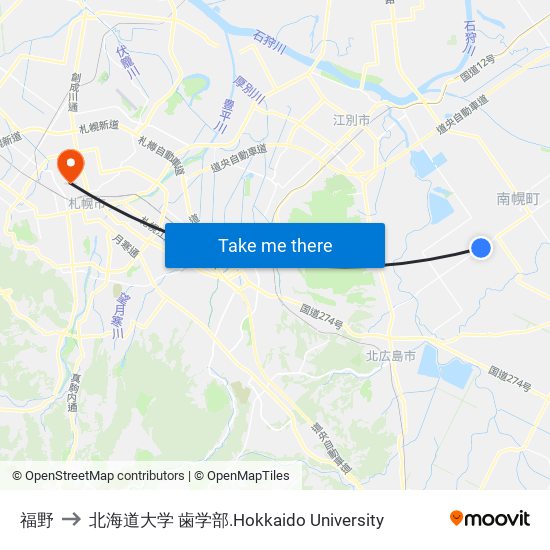 福野 to 北海道大学 歯学部.Hokkaido Universitу map