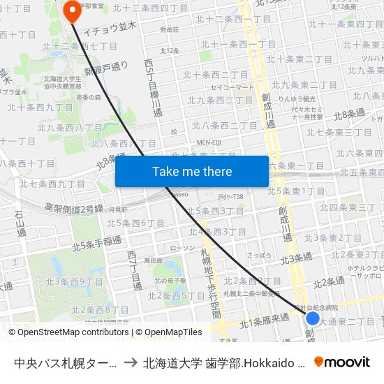 中央バス札幌ターミナル to 北海道大学 歯学部.Hokkaido Universitу map